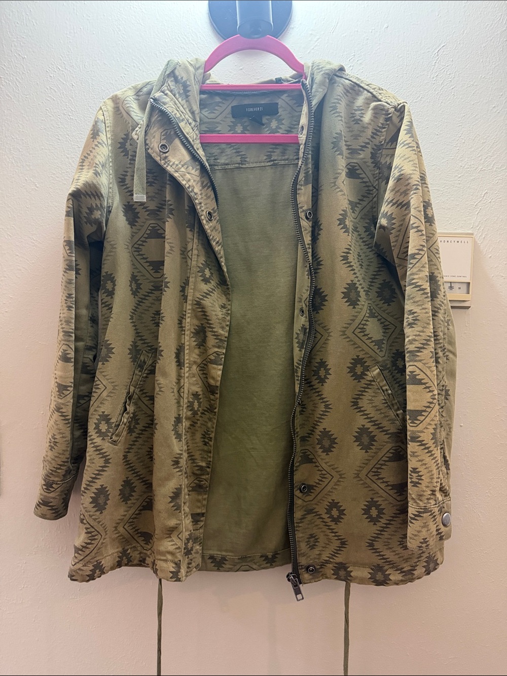 Forever 21 Olive Green Aztec Print Hooded Jacket